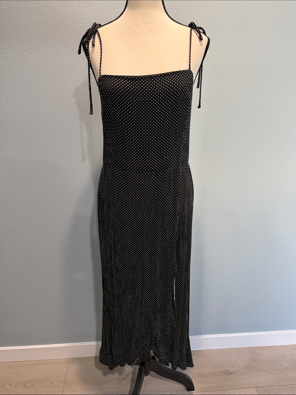 Newbury Kustom Black with White Dot Tie-Shoulder Maxi Dress